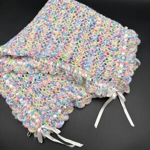Crochet Baby Blanket White Ribbon Trim Multi‎ Pastel Colors Nursery Decor